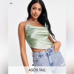 ASOS DESIGN Tall 90s satin scarf double tie halter in sage
